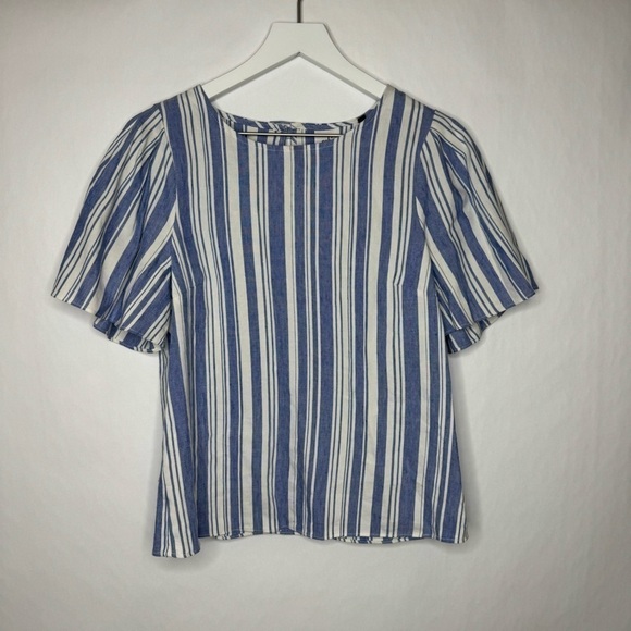 CAbi Linen Blue White Stripe Puff Sleeve Wing Blouse Top - Picture 2 of 4